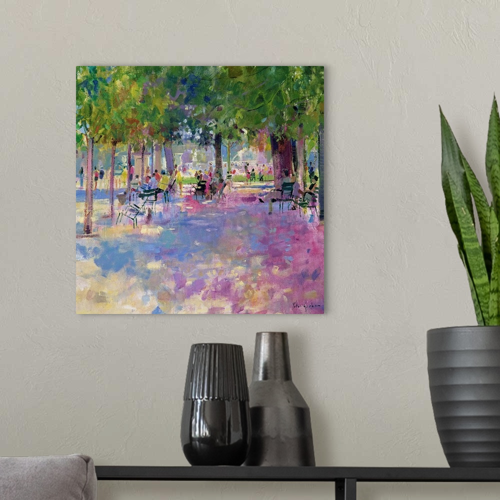 A modern room featuring Contemporary painting of park on a sunny day.   There is a wide path lined with huge trees and ch...