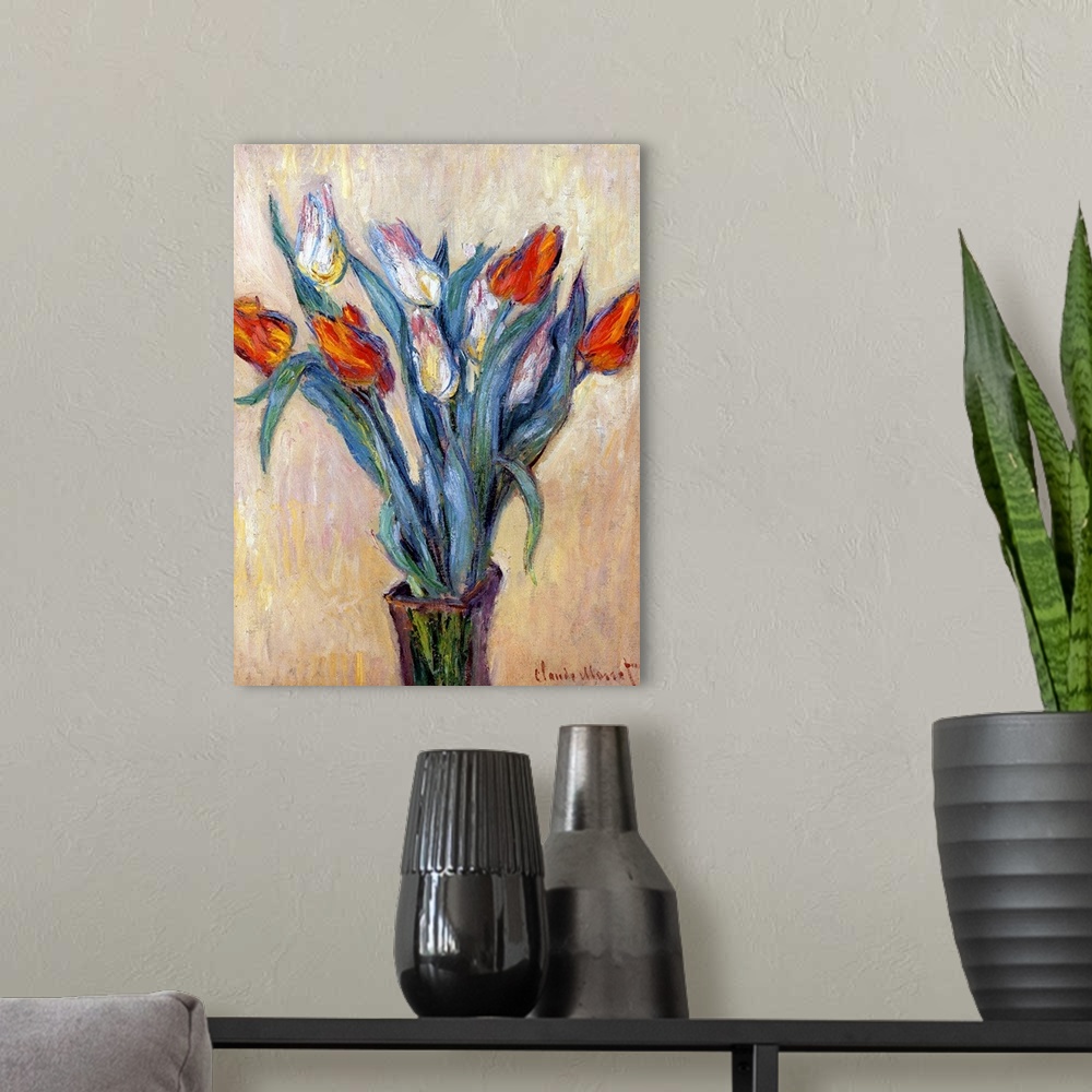 A modern room featuring Large floral art shows an arrangement of flowers sitting in a vase against a simple background.
