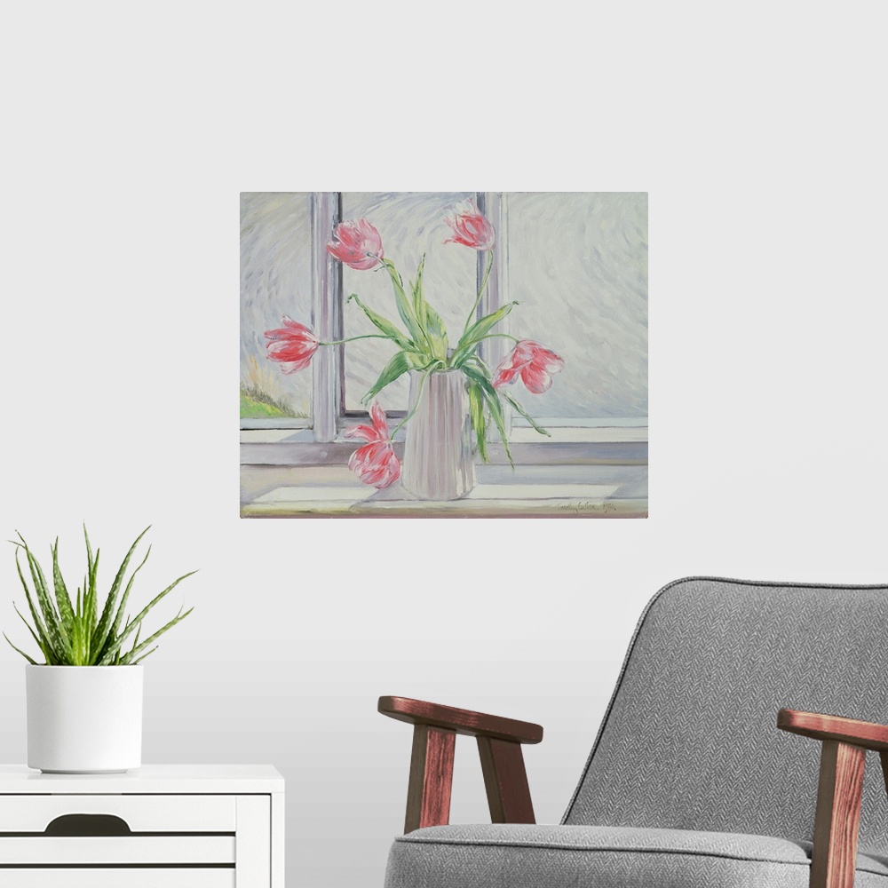 A modern room featuring Tulips Against Moving Water