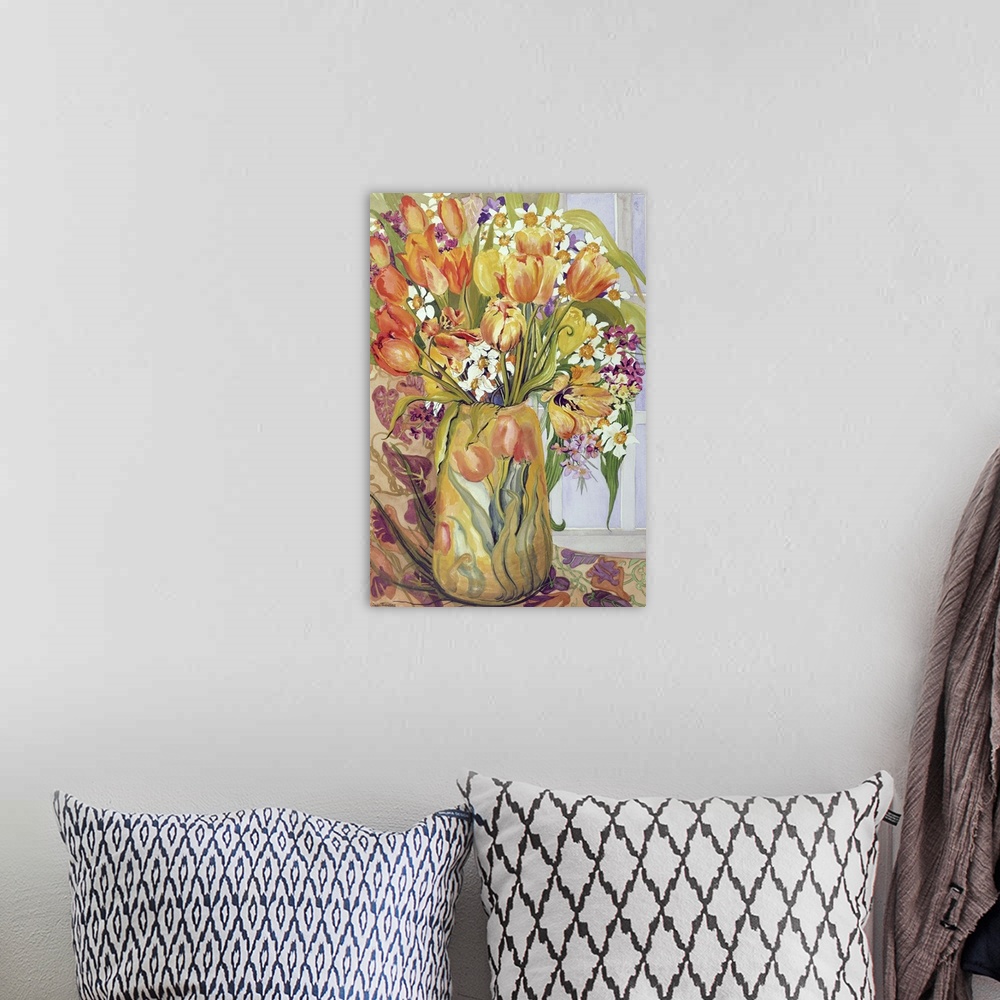 A bohemian room featuring Tulips and Narcissi in an Art Nouveau Vase