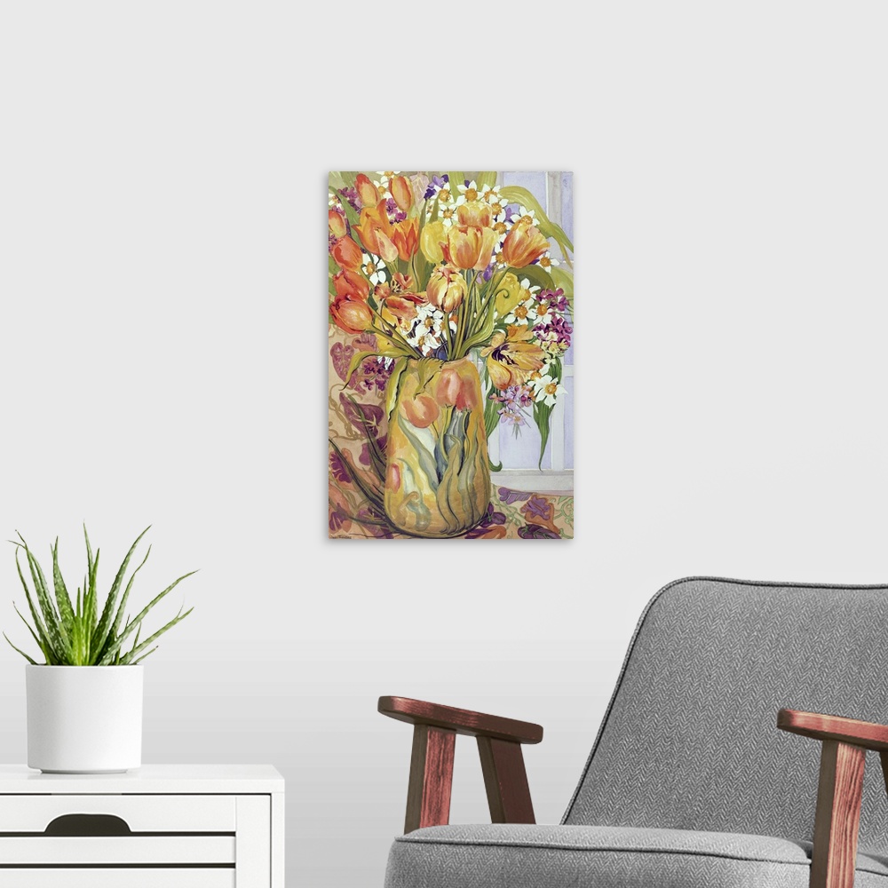 A modern room featuring Tulips and Narcissi in an Art Nouveau Vase