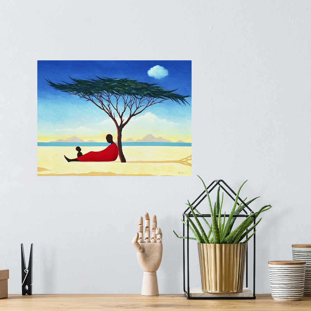 A bohemian room featuring A contemporary art piece of a woman sitting under a tree with her child as water and mountains ca...