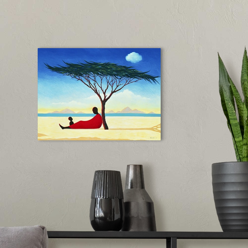 A modern room featuring A contemporary art piece of a woman sitting under a tree with her child as water and mountains ca...