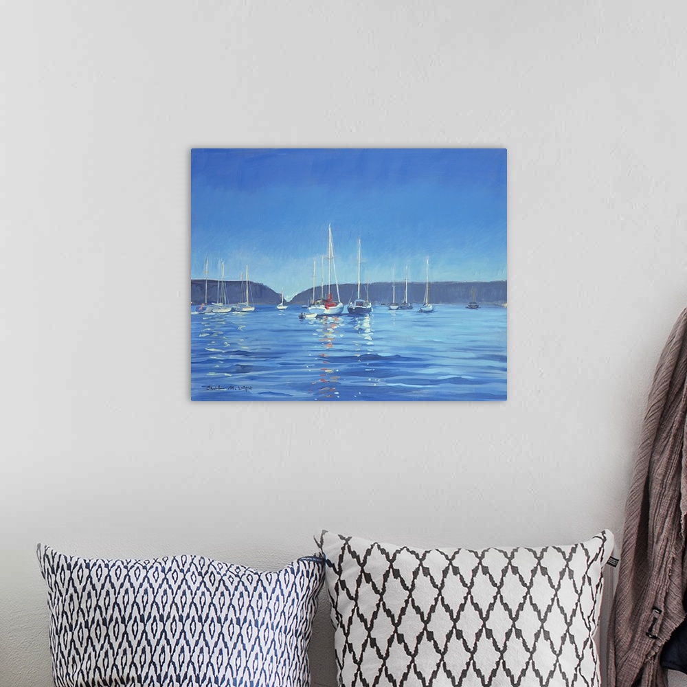 A bohemian room featuring Contemporary painting of sailboats in an inlet at twilight.
