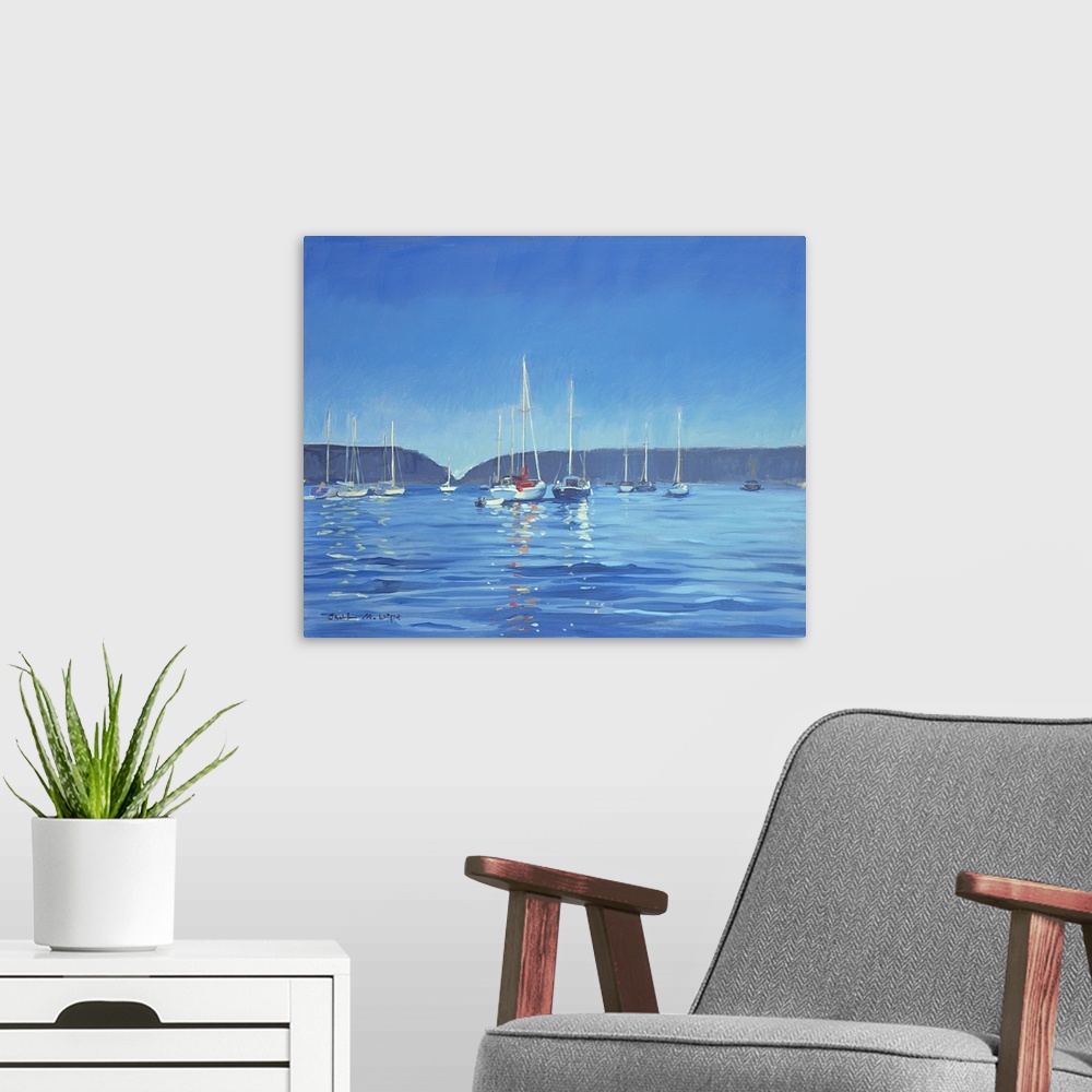 A modern room featuring Contemporary painting of sailboats in an inlet at twilight.