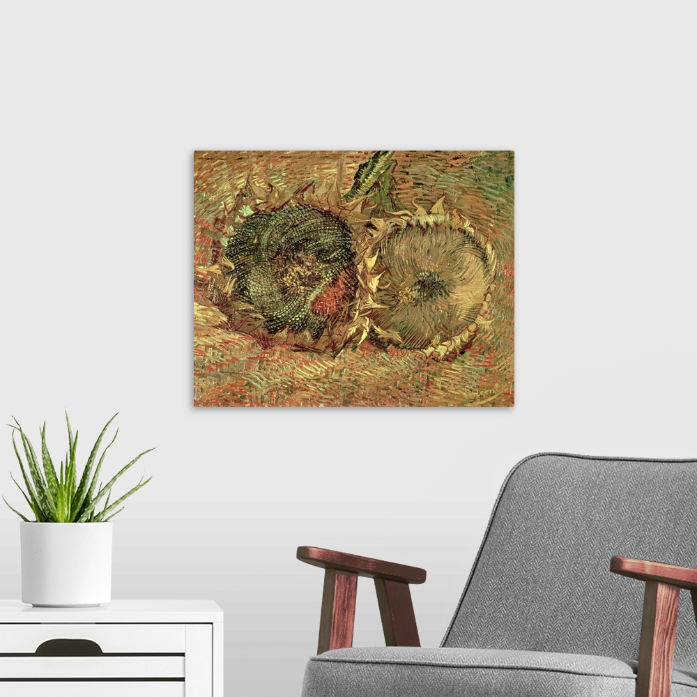 A modern room featuring A piece of classic artwork that has two drawn sunflower heads that lay on the ground.