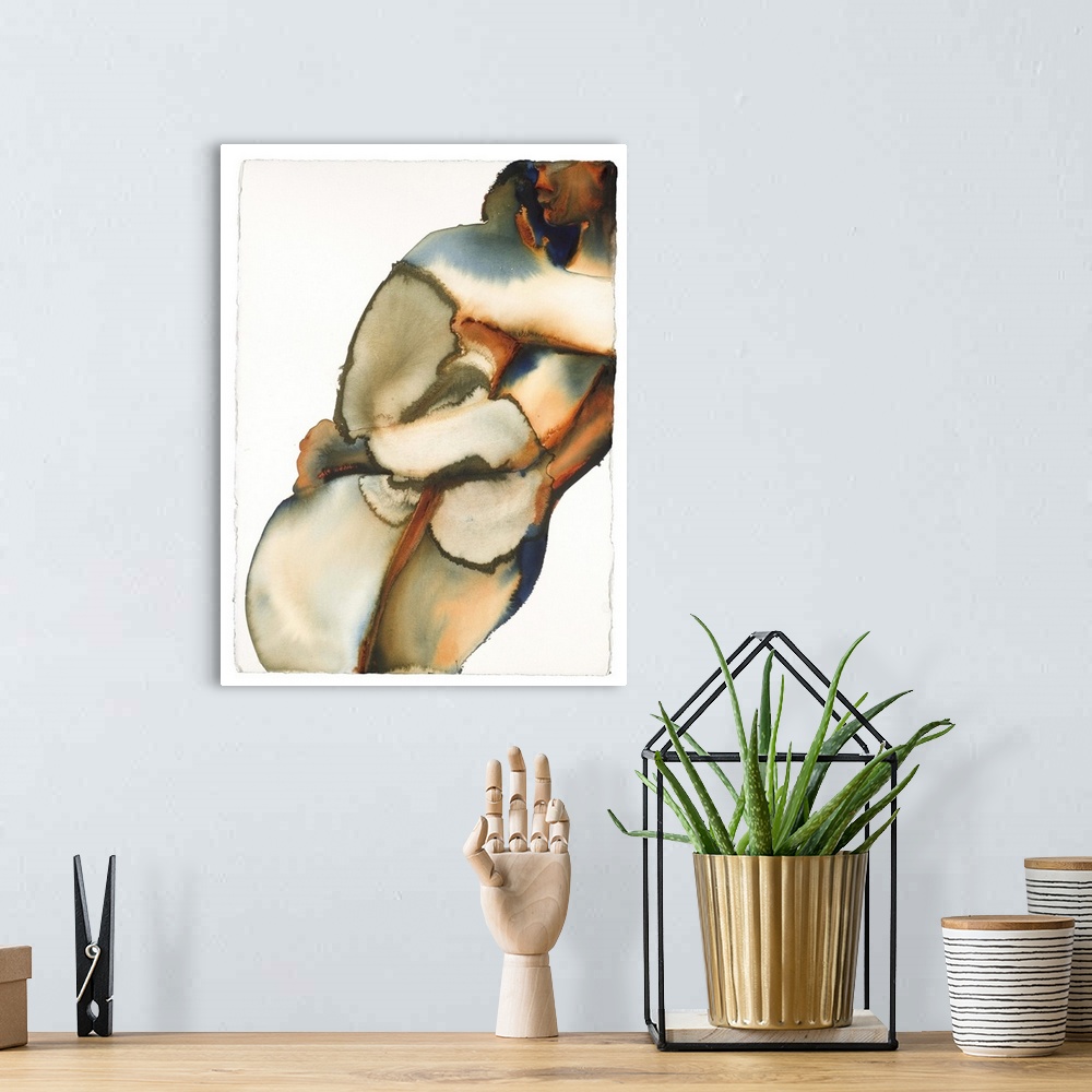 A bohemian room featuring Contemporary painting of two nude figures in an embrace.