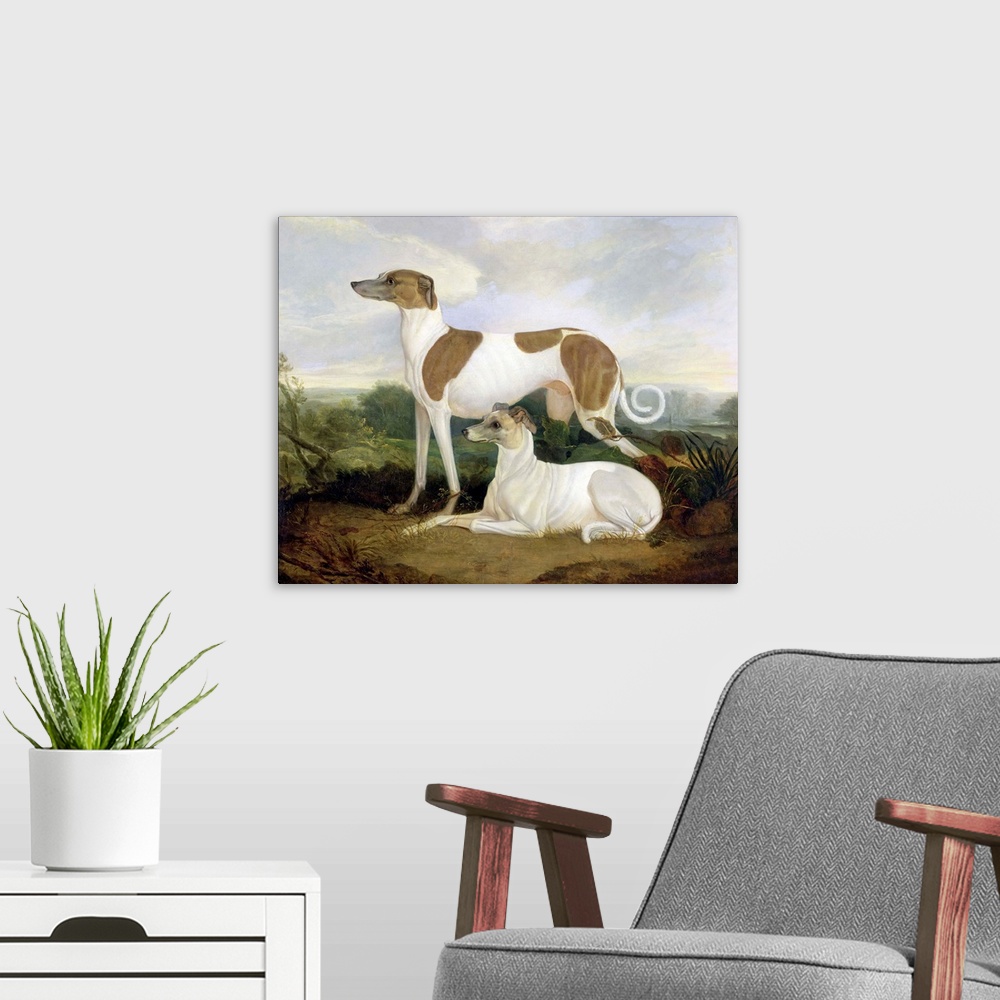 A modern room featuring Two Greyhounds in a Landscape