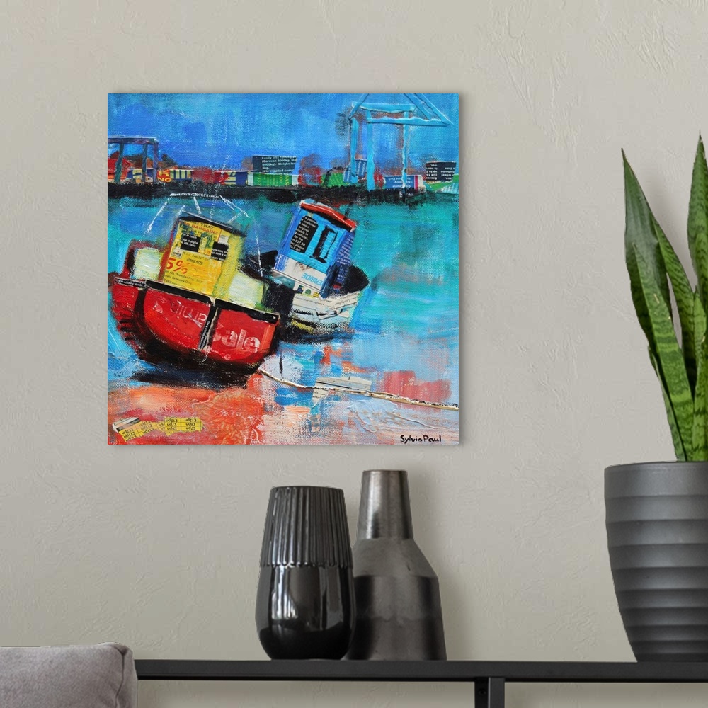 A modern room featuring Contemporary painting of fishing boats moored on the shoreline of a harbor town.