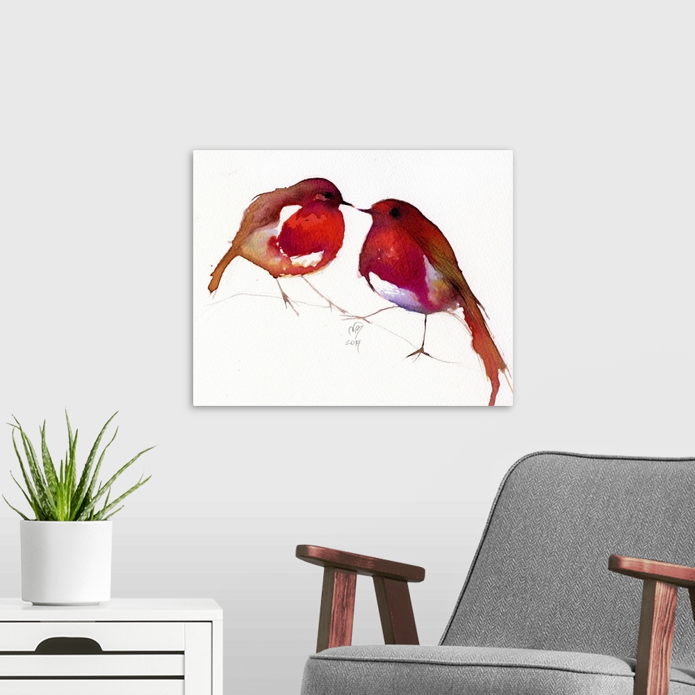 A modern room featuring Contemporary artwork of two bright red birds against a white background.