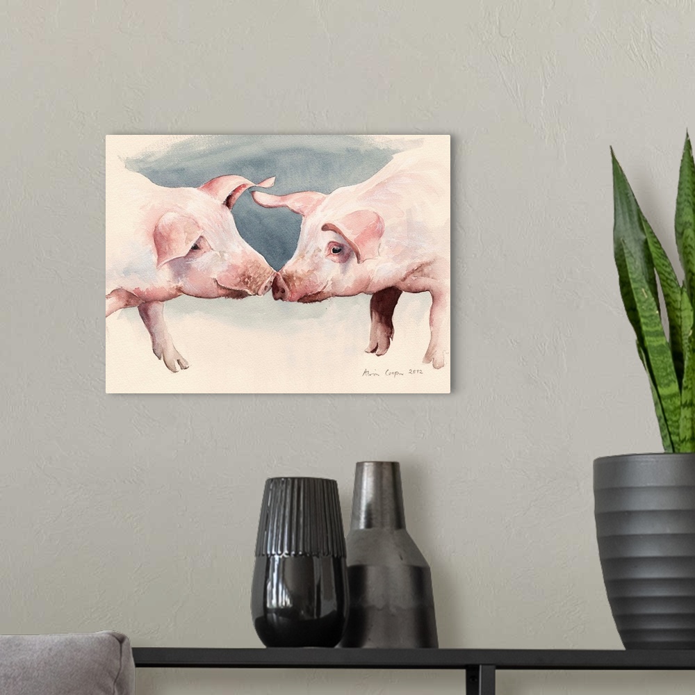 A modern room featuring Contemporary painting of two pigs touching snouts.