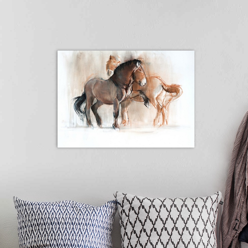 A bohemian room featuring Two (Przewalski), 2013, originally pastel and charcoal on paper.