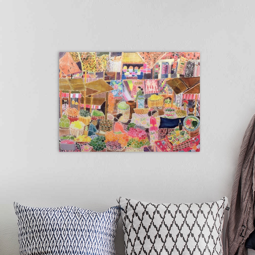 A bohemian room featuring Contemporary painting of an open air market in Indonesia.