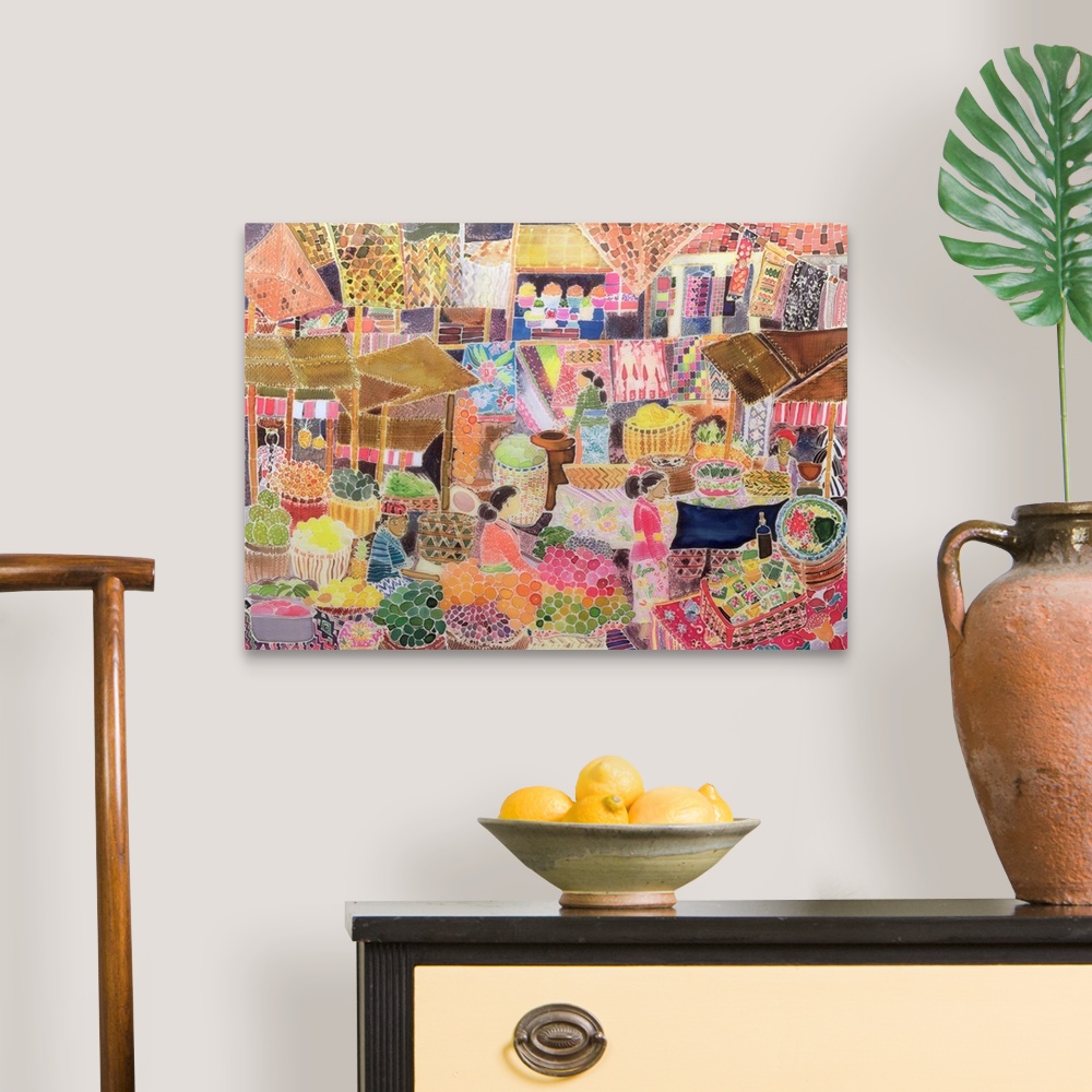 A traditional room featuring Contemporary painting of an open air market in Indonesia.
