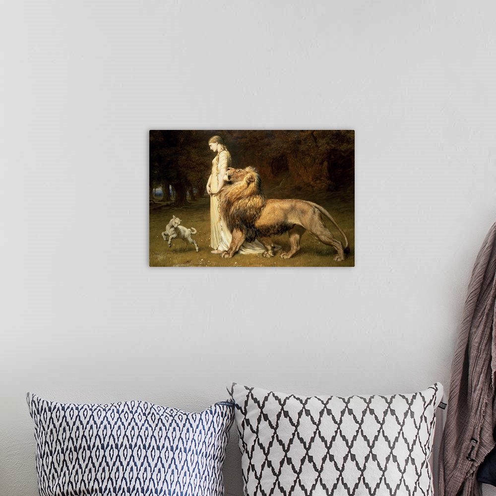 A bohemian room featuring This classic art piece shows a woman standing in the forest with a full grown lion to her side an...