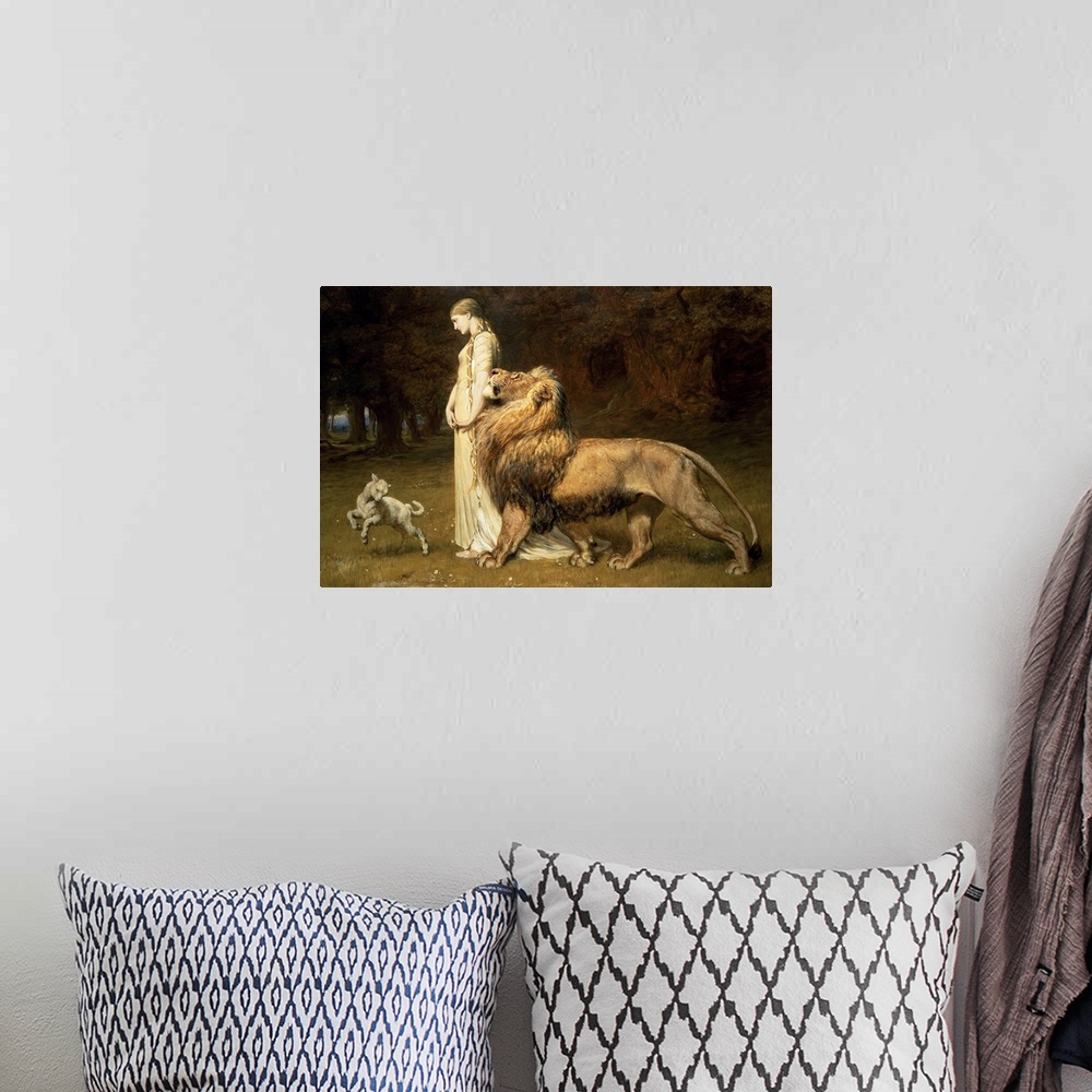 A bohemian room featuring This classic art piece shows a woman standing in the forest with a full grown lion to her side an...