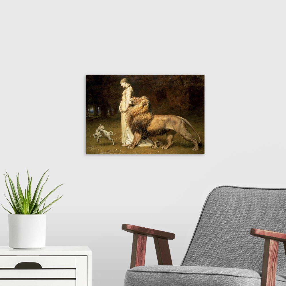 A modern room featuring This classic art piece shows a woman standing in the forest with a full grown lion to her side an...