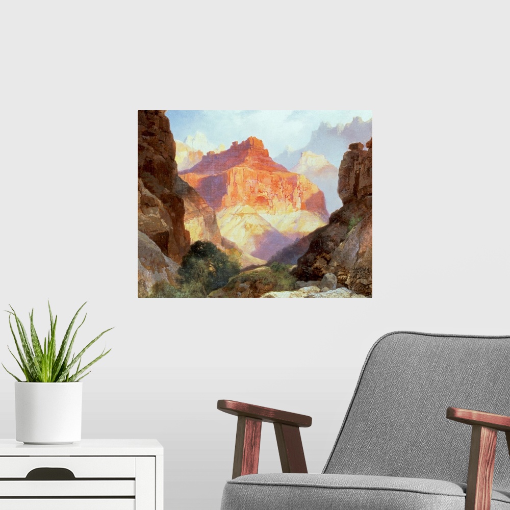 A modern room featuring Big, horizontal painting of the Red Wall in the sunlight, surrounded by the large rocky formation...