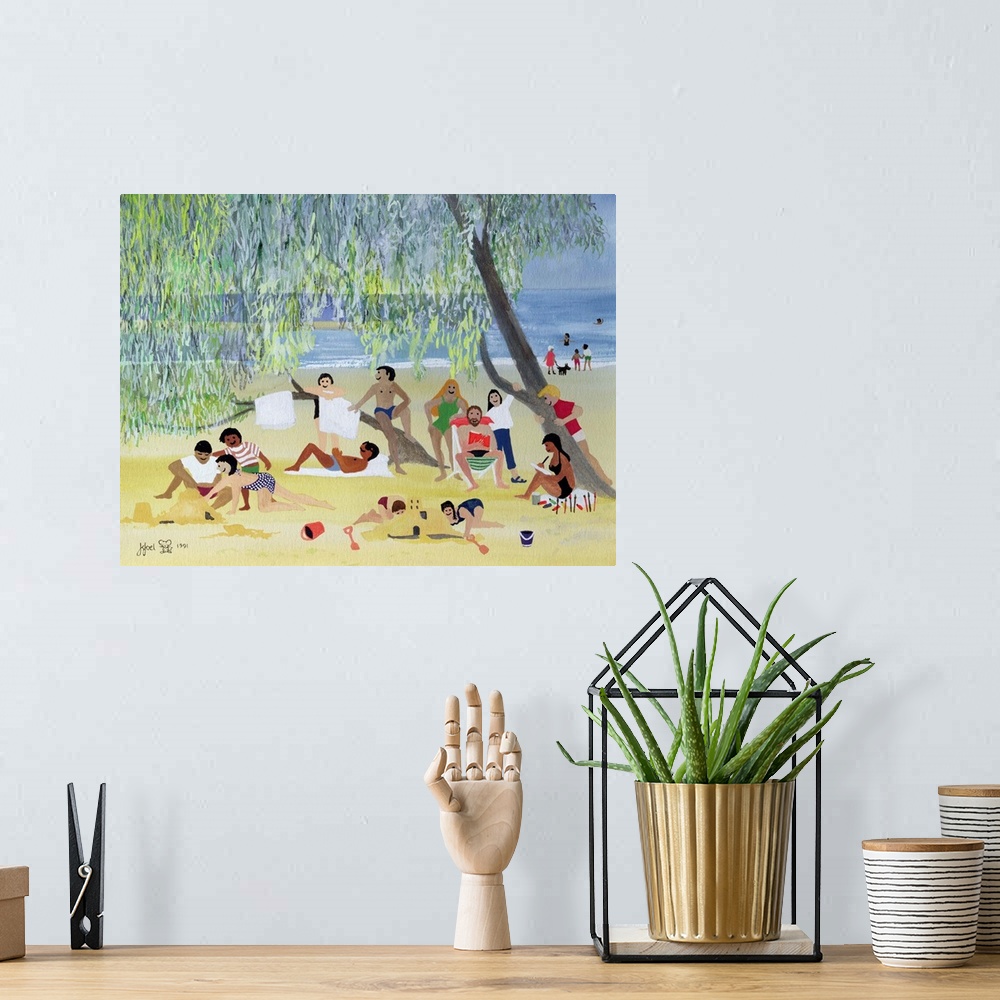 A bohemian room featuring Contemporary painting of people resting on the beach under a tree.
