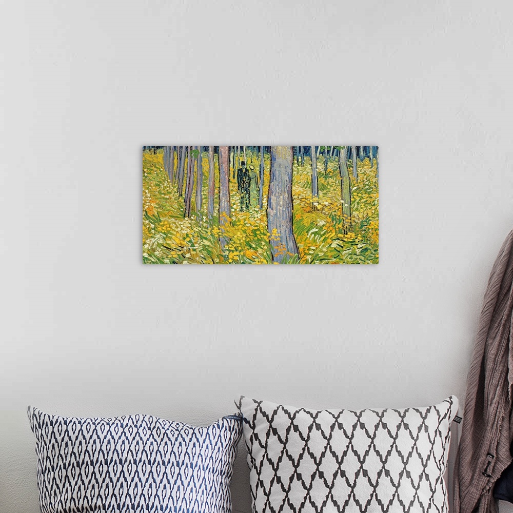 A bohemian room featuring Panoramic painting of couple walking through forest with overgrown brush and rows of trees.
