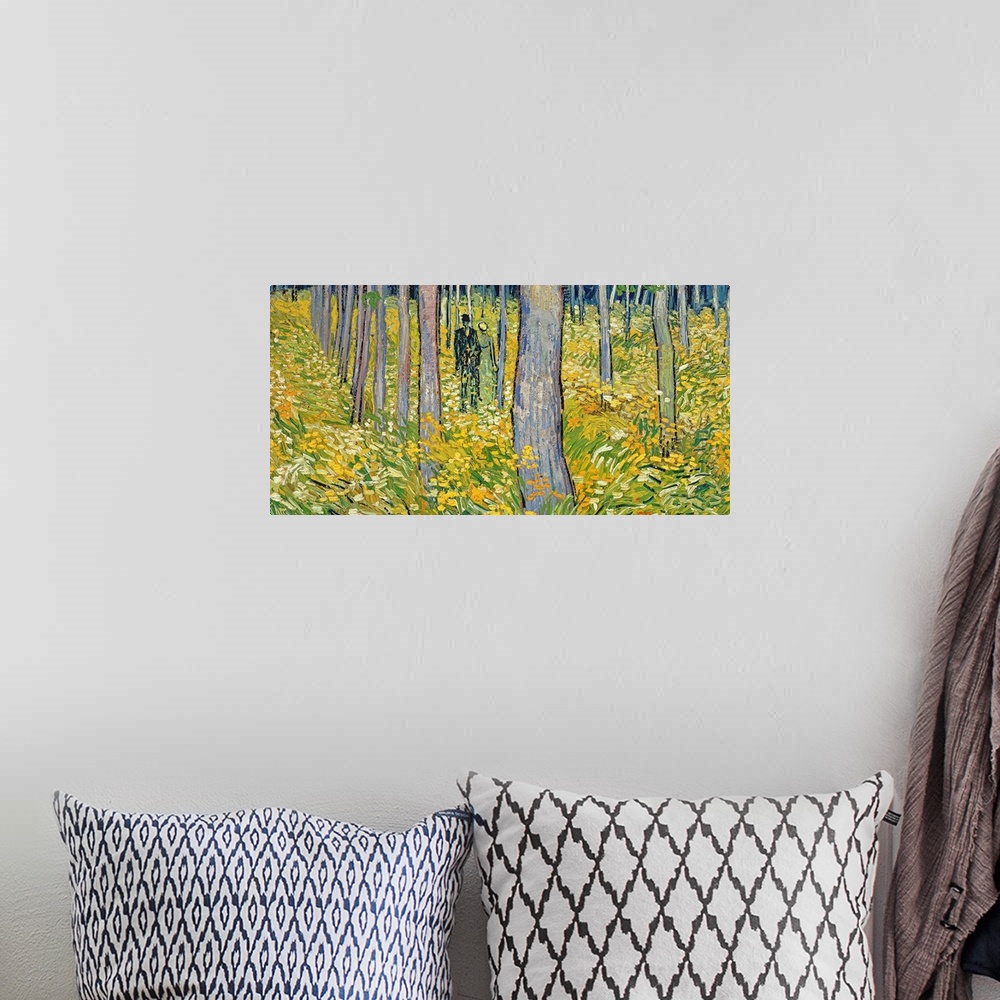 A bohemian room featuring Panoramic painting of couple walking through forest with overgrown brush and rows of trees.