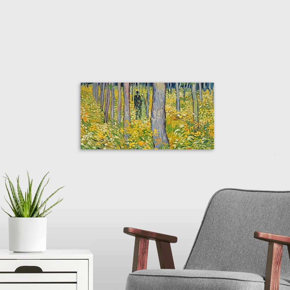 A modern room featuring Panoramic painting of couple walking through forest with overgrown brush and rows of trees.