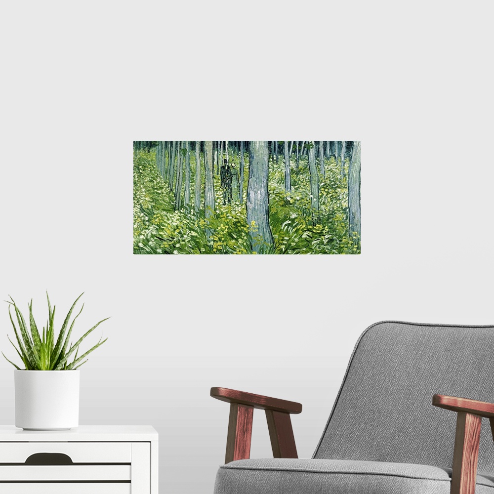 A modern room featuring 1890 Vincent Van Gogh painting of a man and a woman in a forest of trees and greenery.