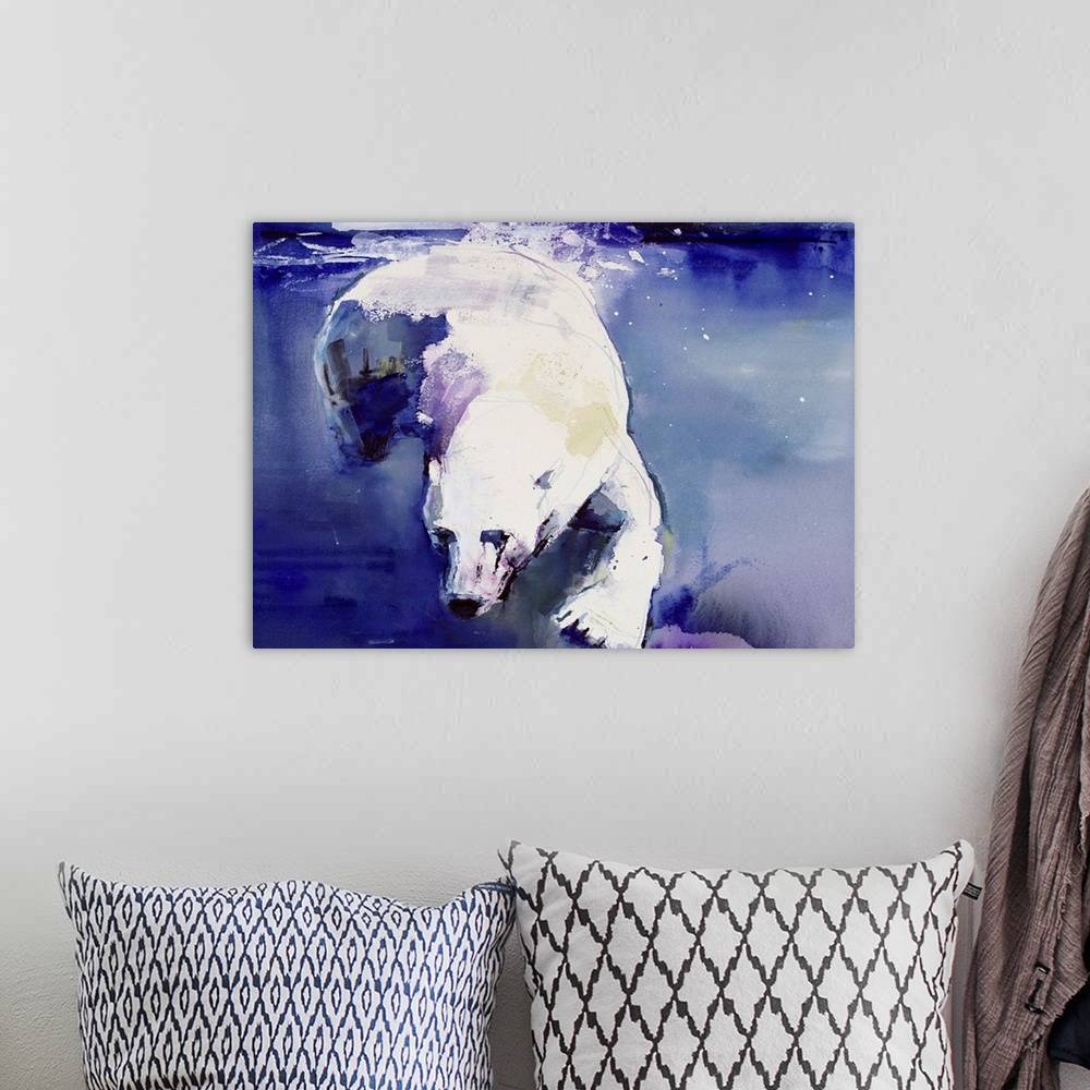 A bohemian room featuring A large contemporary piece of artwork of a polar bear swimming in cool toned water.