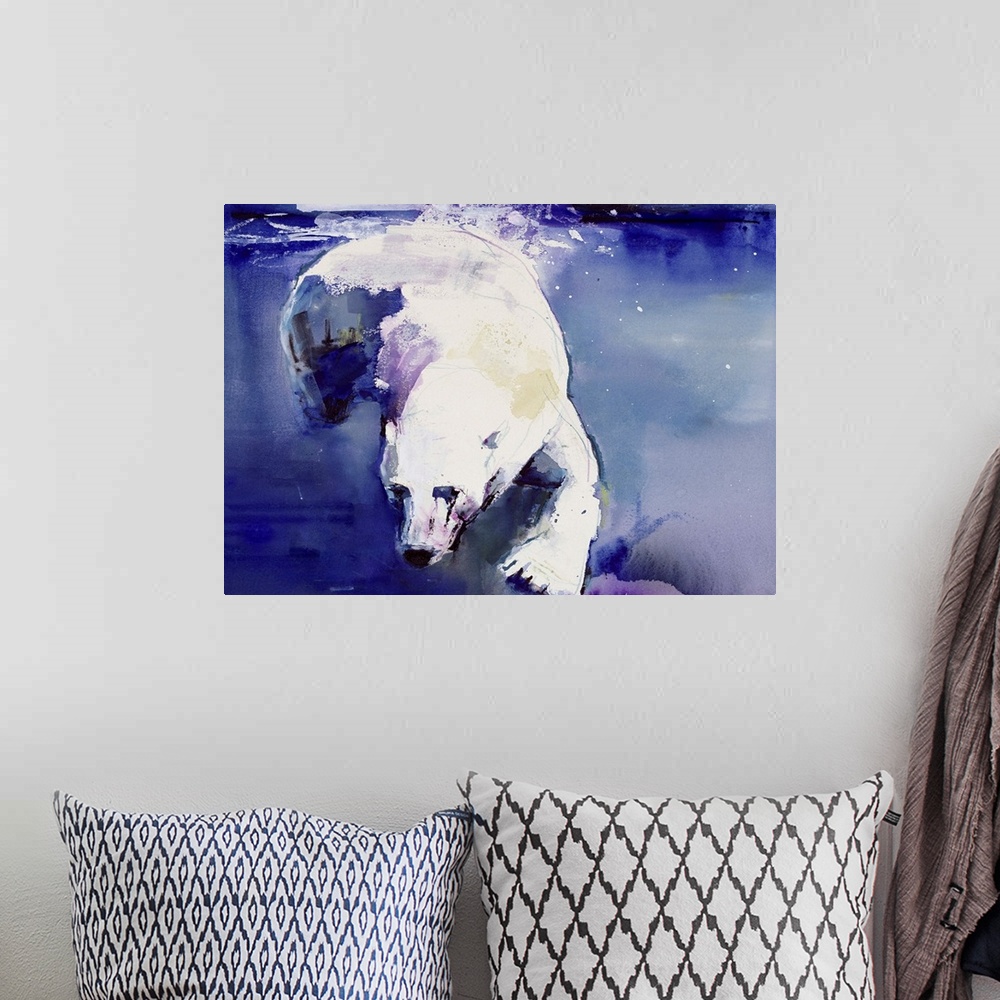 A bohemian room featuring A large contemporary piece of artwork of a polar bear swimming in cool toned water.