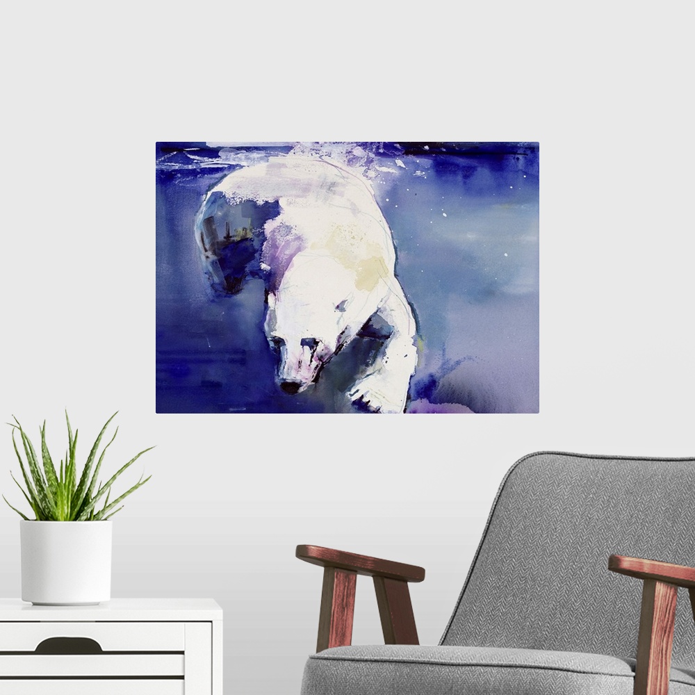 A modern room featuring A large contemporary piece of artwork of a polar bear swimming in cool toned water.
