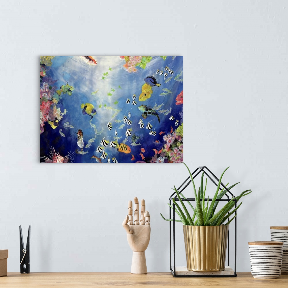 A bohemian room featuring Large, landscape artwork of a colorful, underwater scene with a large variety of tropical fish su...