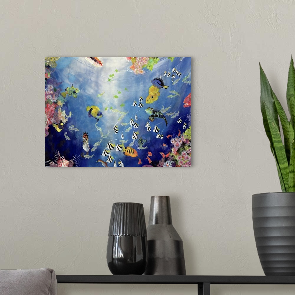 A modern room featuring Large, landscape artwork of a colorful, underwater scene with a large variety of tropical fish su...