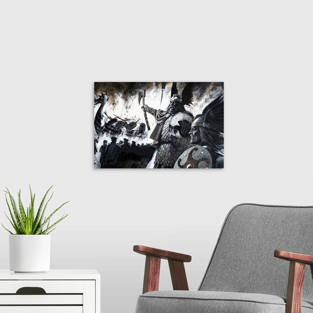 A modern room featuring Unidentified Viking scene with longship aflame