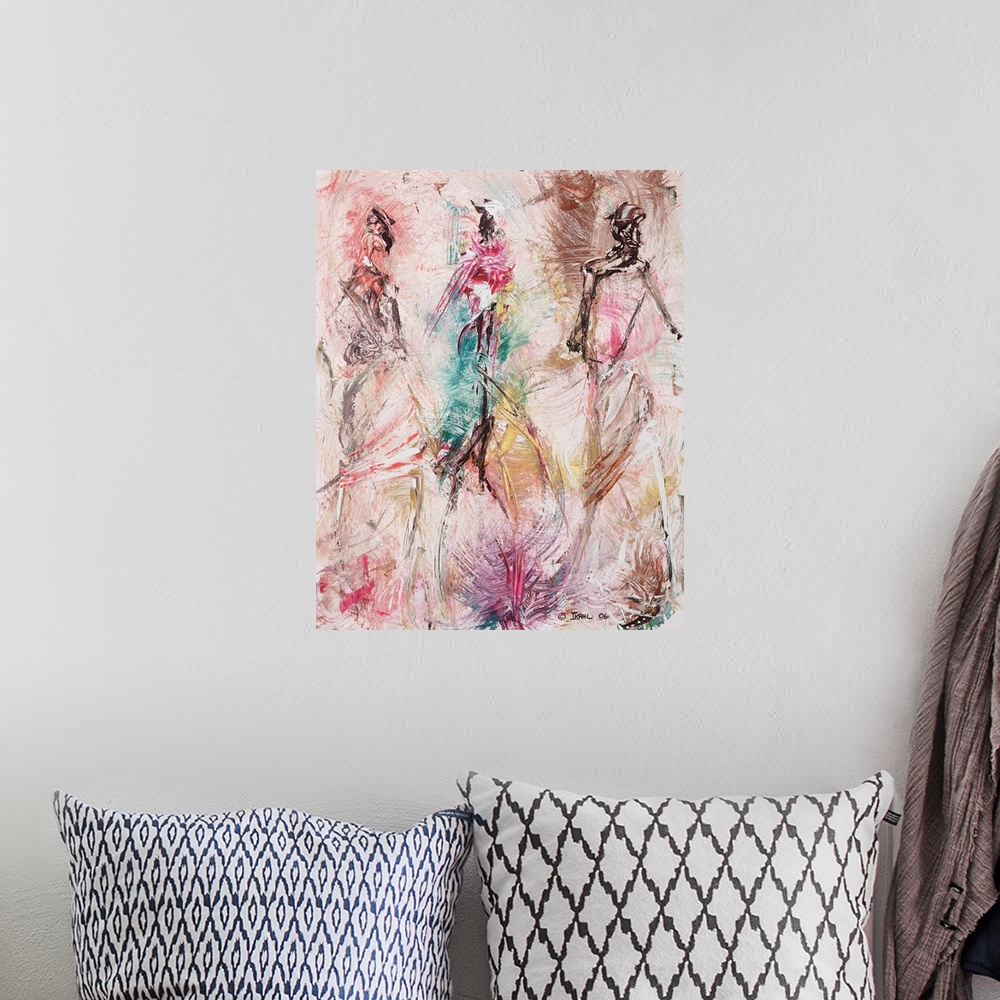A bohemian room featuring A vertical painting of gestural figures made with fast and simple brush strokes.