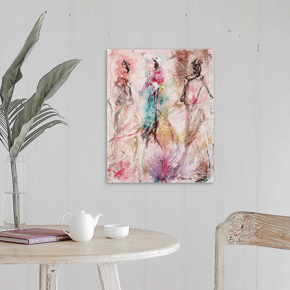 A farmhouse room featuring A vertical painting of gestural figures made with fast and simple brush strokes.