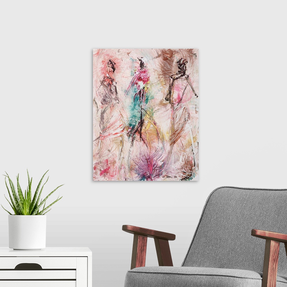 A modern room featuring A vertical painting of gestural figures made with fast and simple brush strokes.