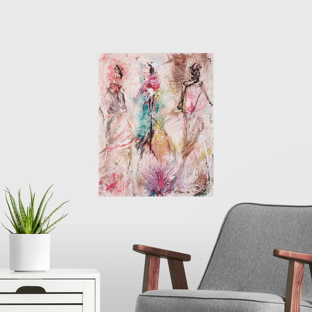 A modern room featuring A vertical painting of gestural figures made with fast and simple brush strokes.