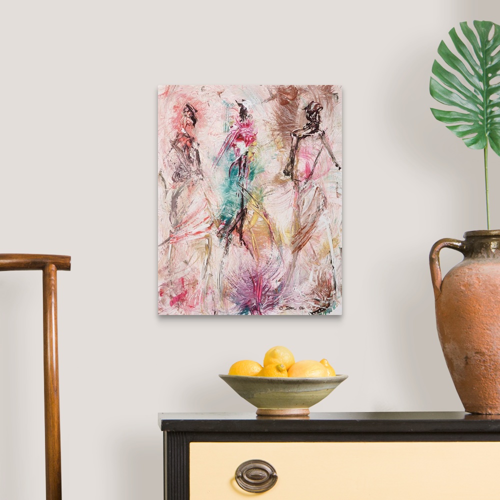 A traditional room featuring A vertical painting of gestural figures made with fast and simple brush strokes.