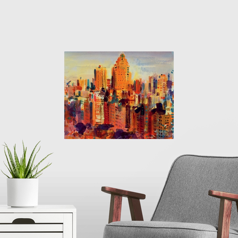 A modern room featuring Big contemporary art portrays an aerial view of the tall skyscrapers and buildings that fill New ...