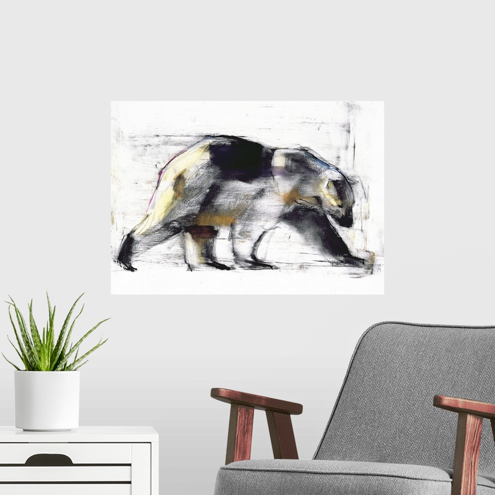 A modern room featuring Horizontal artwork on a large wall hanging of a streaky charcoal sketch of a polar bear walking.