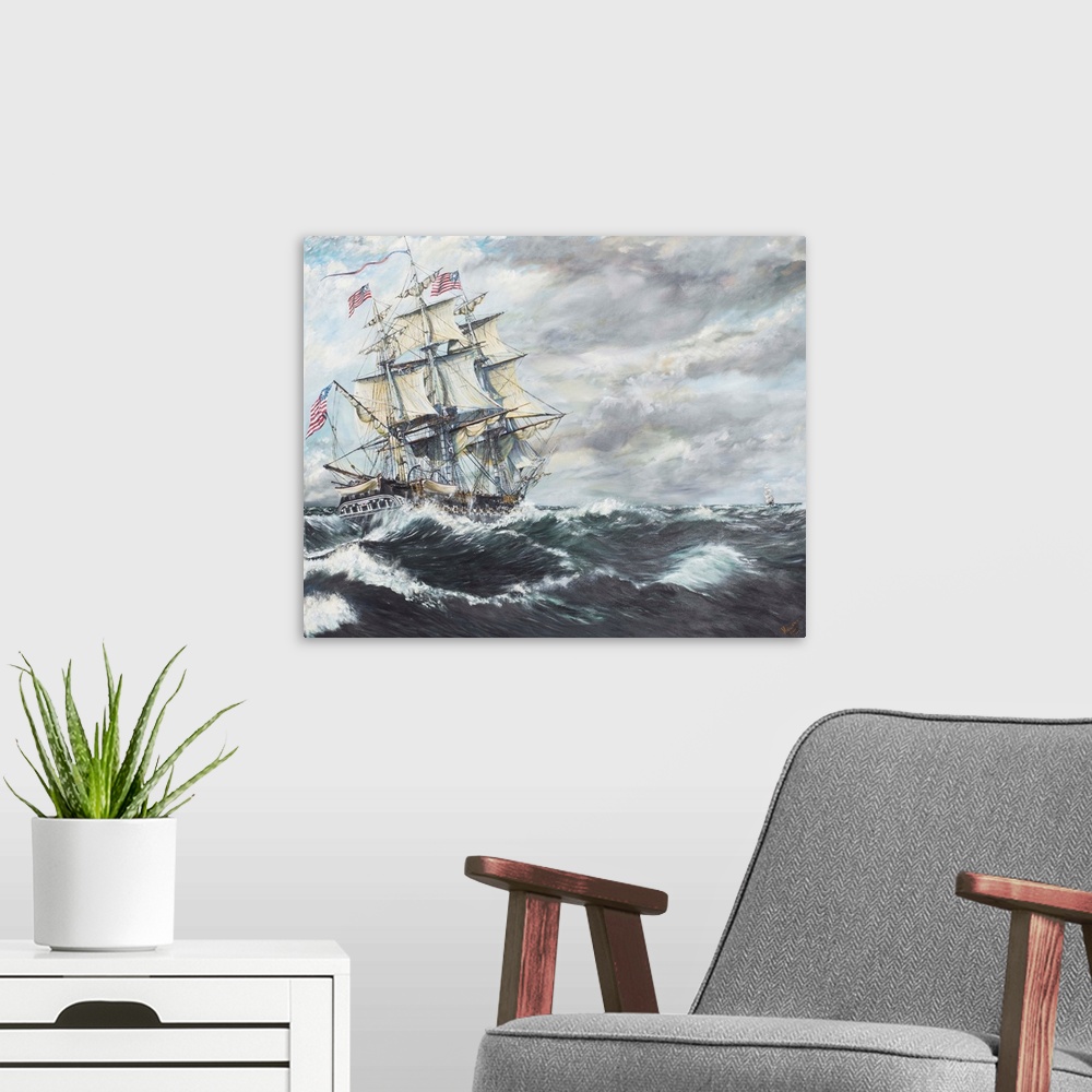 A modern room featuring Contemporary painting of a ship riding the high seas during a rough storm.