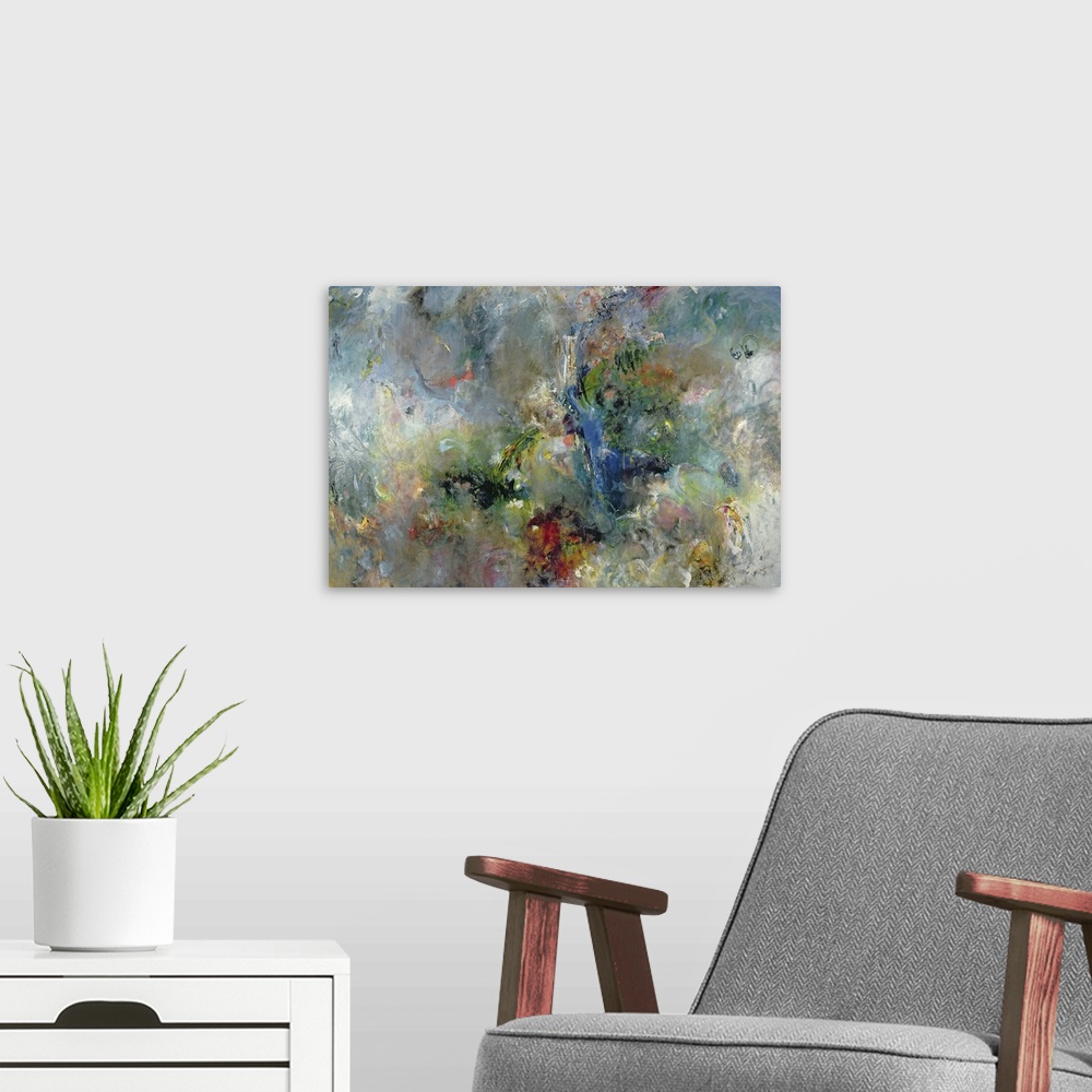 A modern room featuring Large, horizontal abstract painting of multicolored layers of paint in swirling brushstrokes in m...