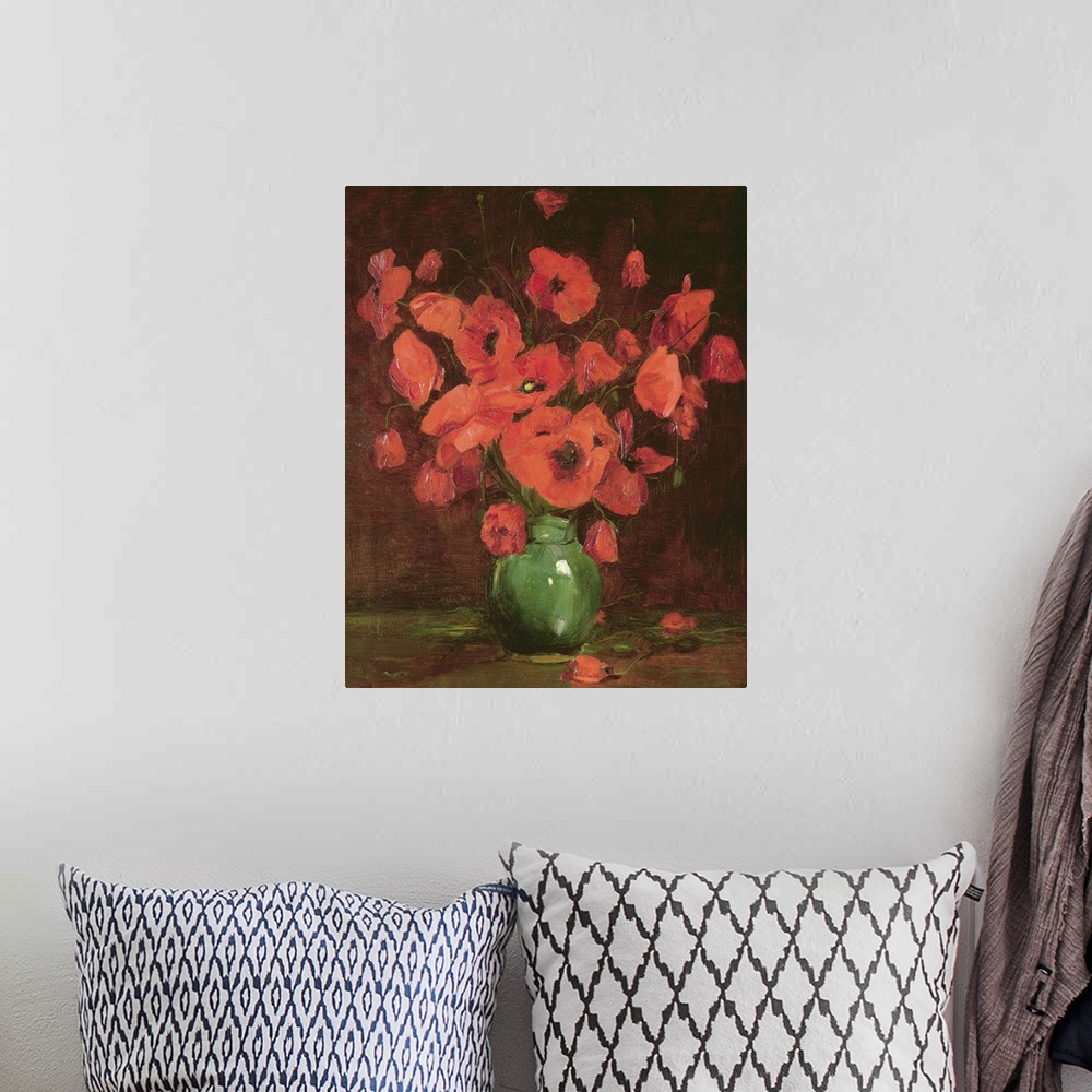 A bohemian room featuring Classic art painting of a green vase filled with giant red poppy flowers.