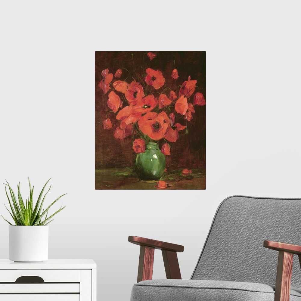 A modern room featuring Classic art painting of a green vase filled with giant red poppy flowers.