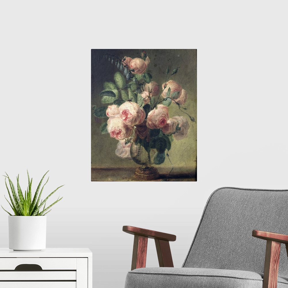 A modern room featuring This large oil painting is of pink roses coming out of an antique vase with a cracked texture ove...