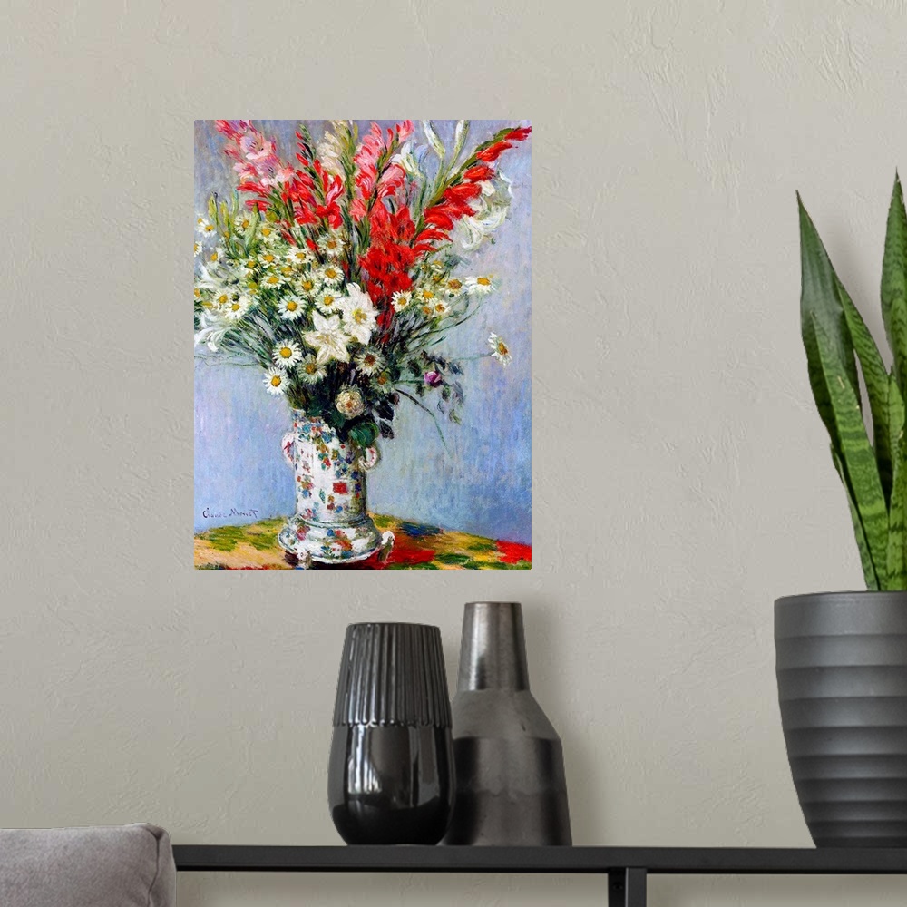 A modern room featuring Painting of a vase holding various muticolored flowers on a multicolored table by Claude Monet.