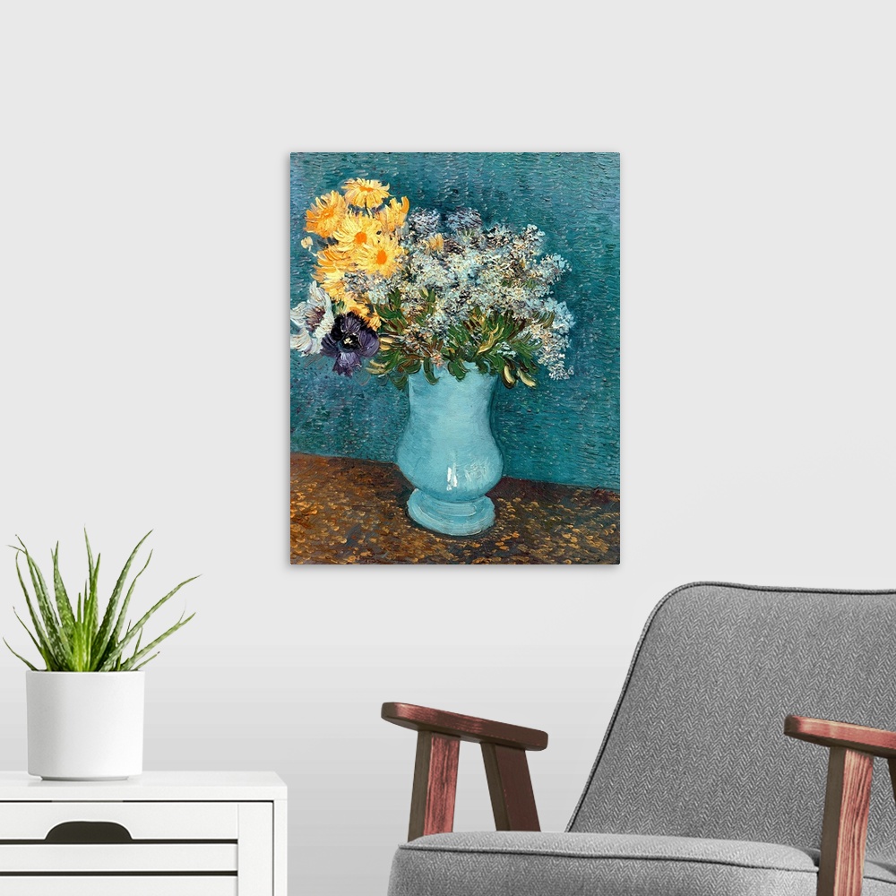 A modern room featuring 1887 still life oil painting of flowers by Vincent Van Gogh from the Private Collection in Geneva...
