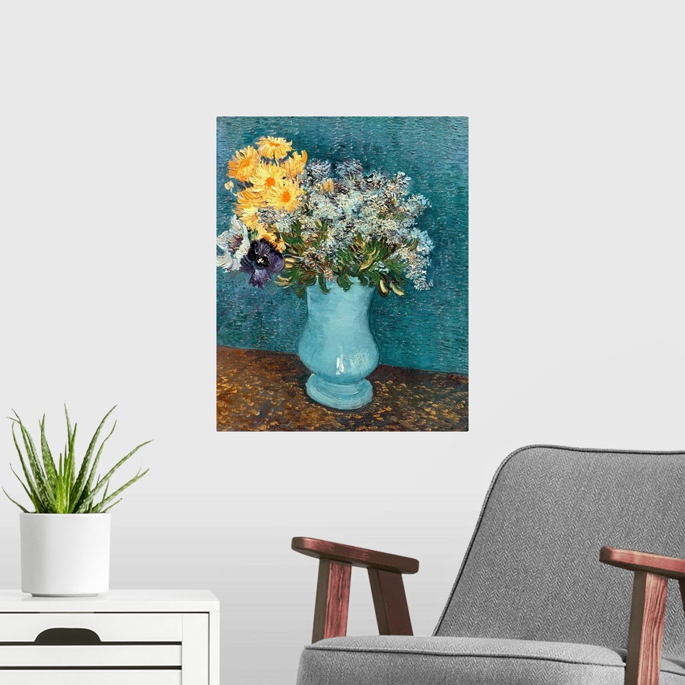A modern room featuring 1887 still life oil painting of flowers by Vincent Van Gogh from the Private Collection in Geneva...