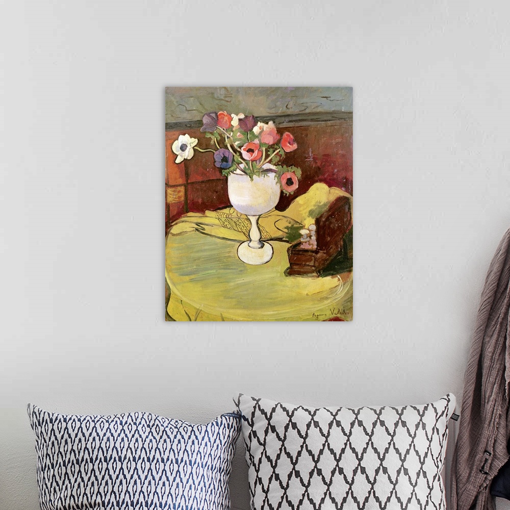 A bohemian room featuring XIR205436 Vase of Flowers, Anemones in a White Glass (oil on canvas)  by Valadon, Marie Clementin...