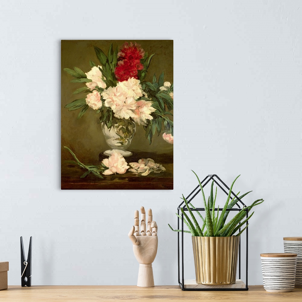 A bohemian room featuring Painting of a bouquet of flowers in a vase that is sitting on a table that has fallen petals and ...